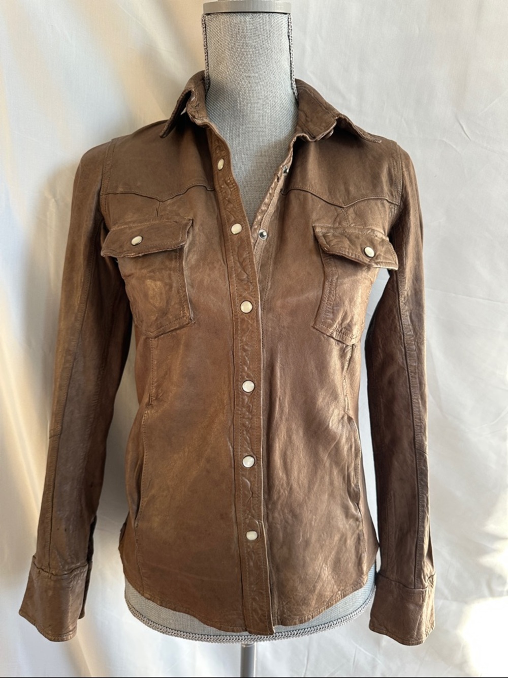 GAP Brown Leather Snap-Front Shirt Jacket